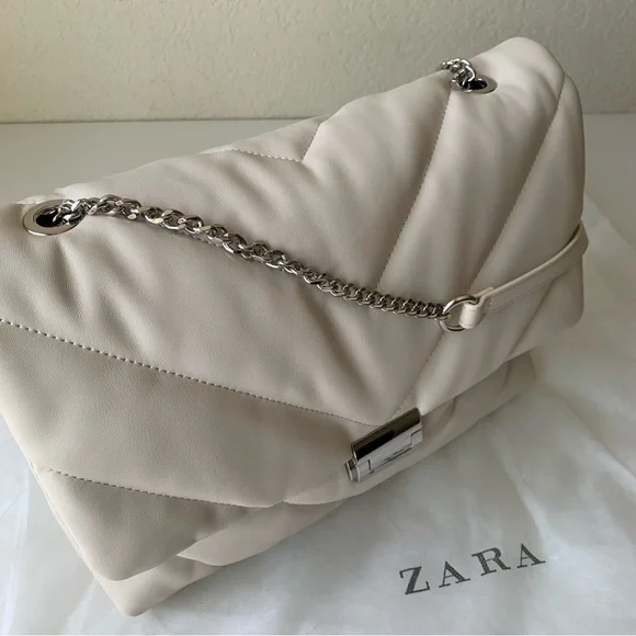Zara Womens White Quilted Maxi Crossbody Bag